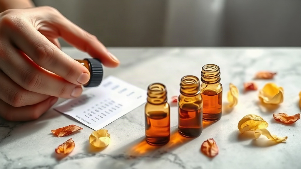 close-up photo of hands in a quality control setting examining small amber glass sample vials of perfume oil next to a p