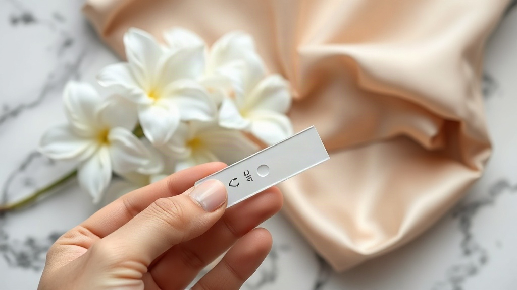 close-up of a hand holding a fragrance testing strip near white jasmine flowers and a folded silk fabric on a marble sur