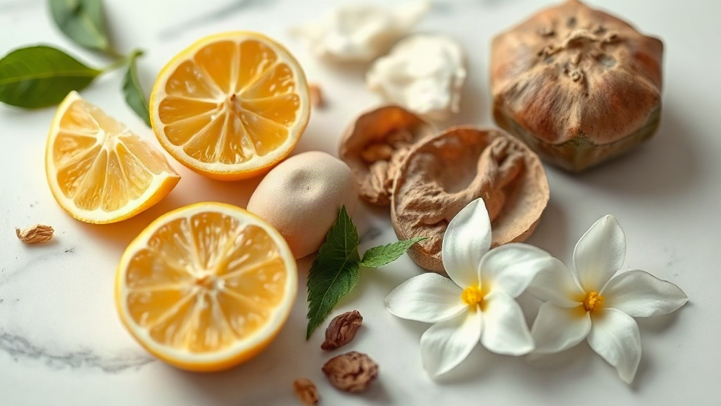 Close-up of raw perfumery ingredients arranged on a white marble surface, including fresh bergamot citrus halves, jasmin