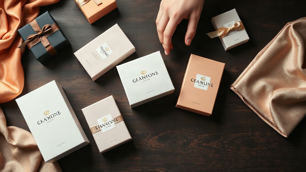 A flat-lay of elegant perfume gift boxes and folded silk fabric samples in various colors arranged on a dark wood table,