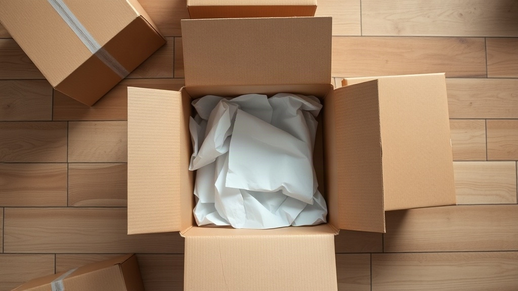 Overhead flat-lay of open wholesale shipping boxes on a wooden warehouse floor, filled with neatly folded tissue paper a