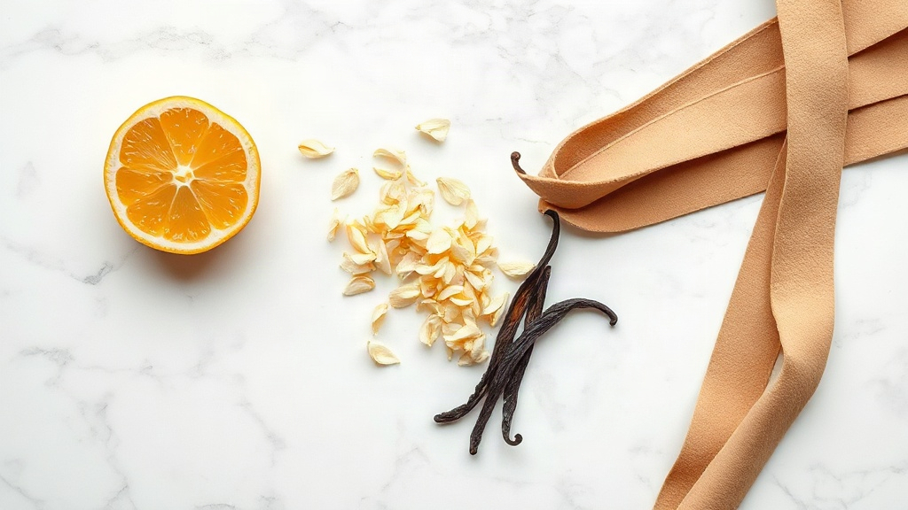 flat lay on a white marble surface showing raw perfumery materials — fresh bergamot halves, loose jasmine blossoms, a sm