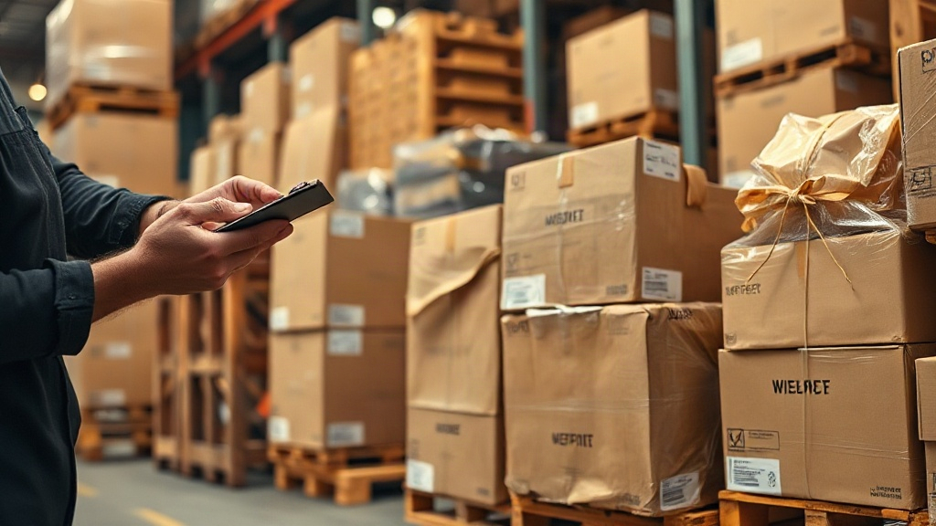 A warehouse interior with wooden pallets stacked with sealed cardboard cargo boxes, a worker's hand holding a clipb