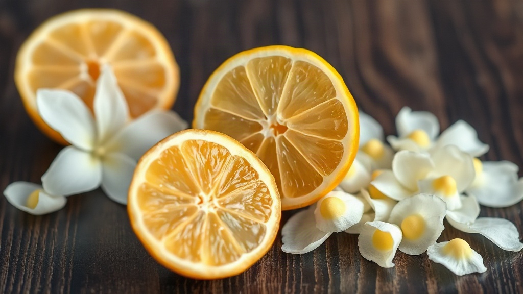 raw perfumery ingredients arranged on a dark wooden table — fresh bergamot citrus fruit cut in half, loose jasmine flowe