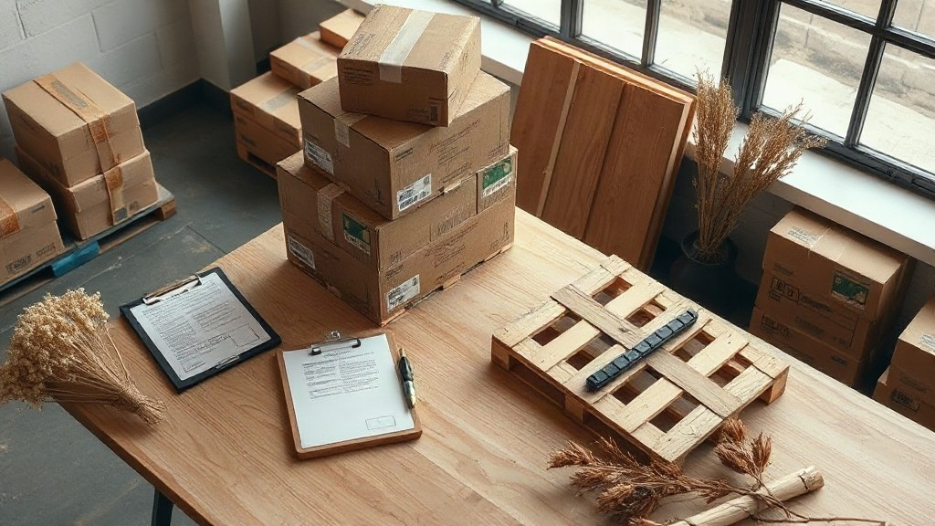 Overhead photo of a warehouse workbench with stacked small cardboard shipping boxes, a wooden pallet, and a clipboard, s
