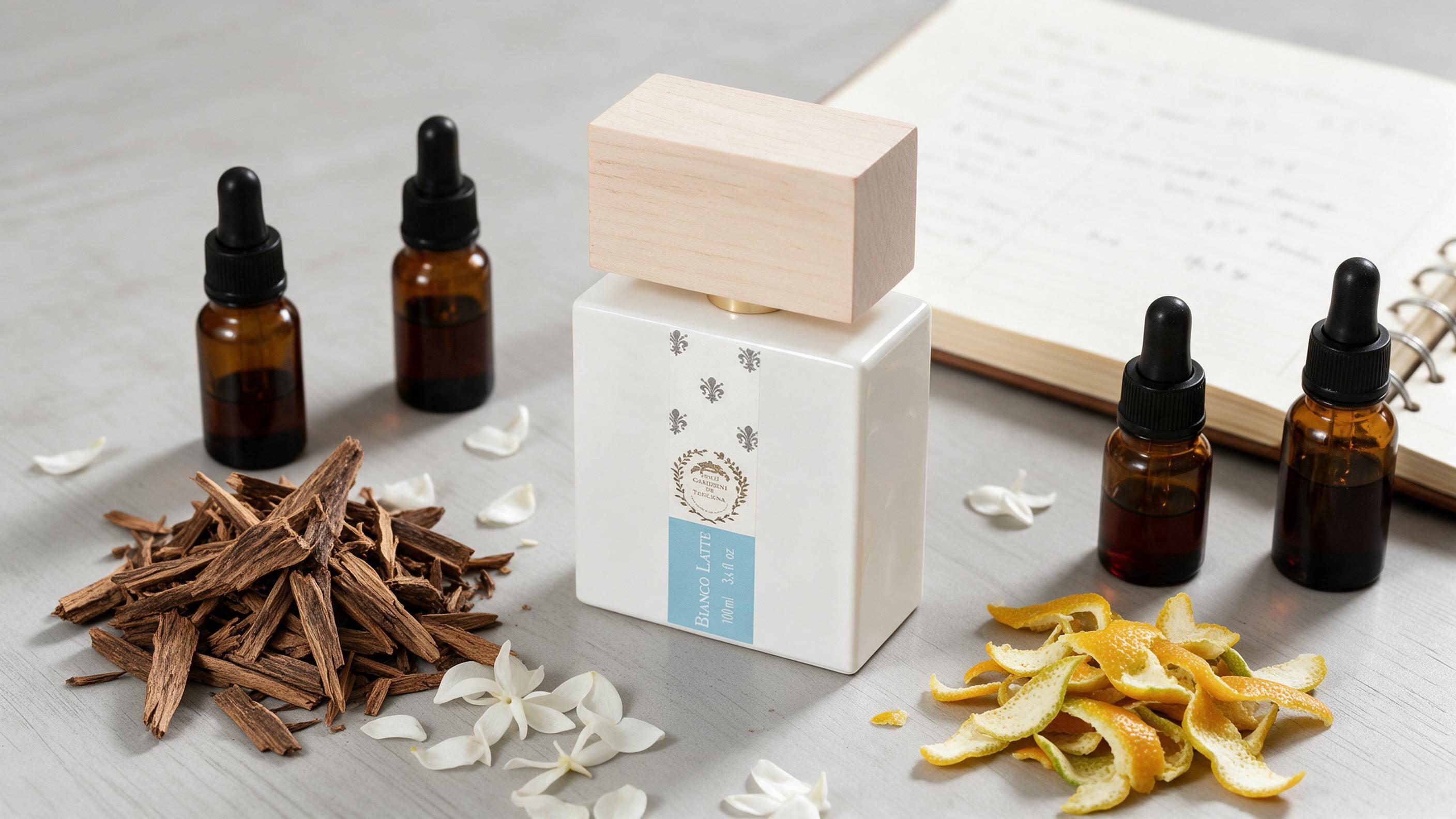 Overhead photo of a wholesale fragrance quality-control bench with amber dropper bottles of raw perfume oils, dried oud