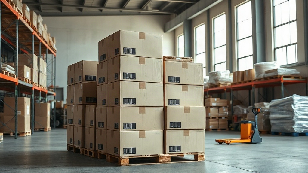 wide shot of a wholesale warehouse interior with stacked cardboard shipping boxes on wooden pallets, a pallet jack nearb