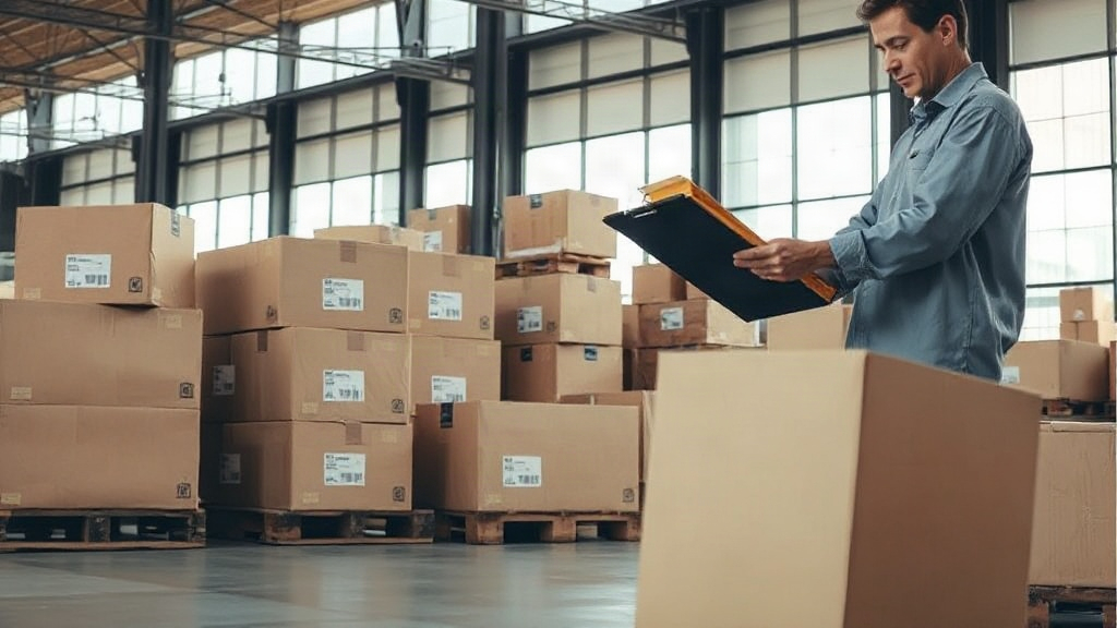 wide shot of a modern warehouse with stacked cardboard shipping boxes on pallets, a worker's hands checking a clipb