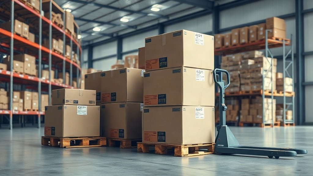 warehouse interior with stacked cardboard shipping boxes on wooden pallets, pallet jack, industrial shelving in soft day