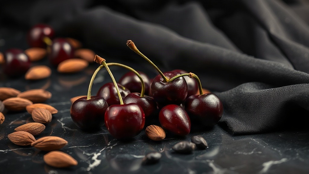 dark red cherries, bitter almonds, tonka beans and black silk fabric arranged on a polished dark marble surface, moody w