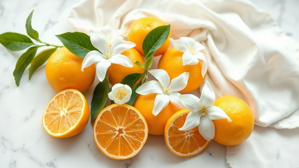 Fresh bergamot citrus fruits and jasmine flowers arranged on a light marble surface with a linen cloth, soft natural win