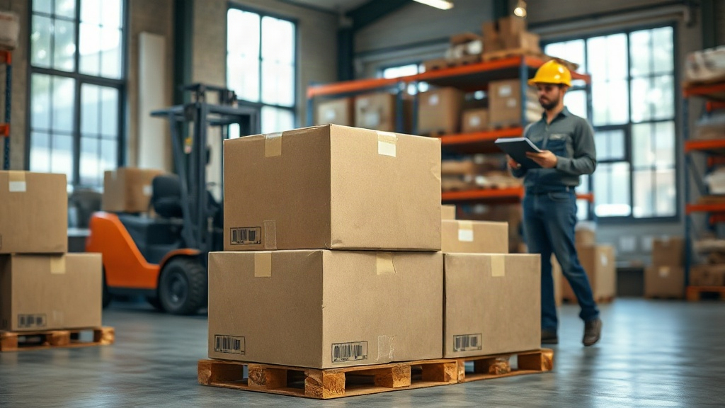 warehouse logistics scene with sealed cardboard shipping boxes stacked on wooden pallets, a forklift in the background, 