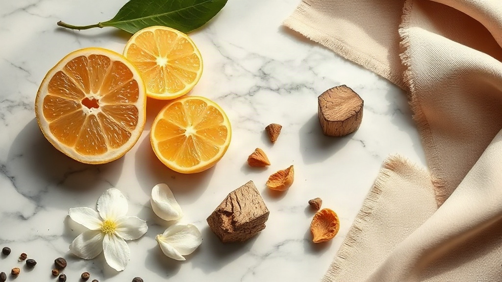 elegant marble surface with raw perfumery ingredients arranged neatly, fresh bergamot citrus fruit, jasmine flowers, sma