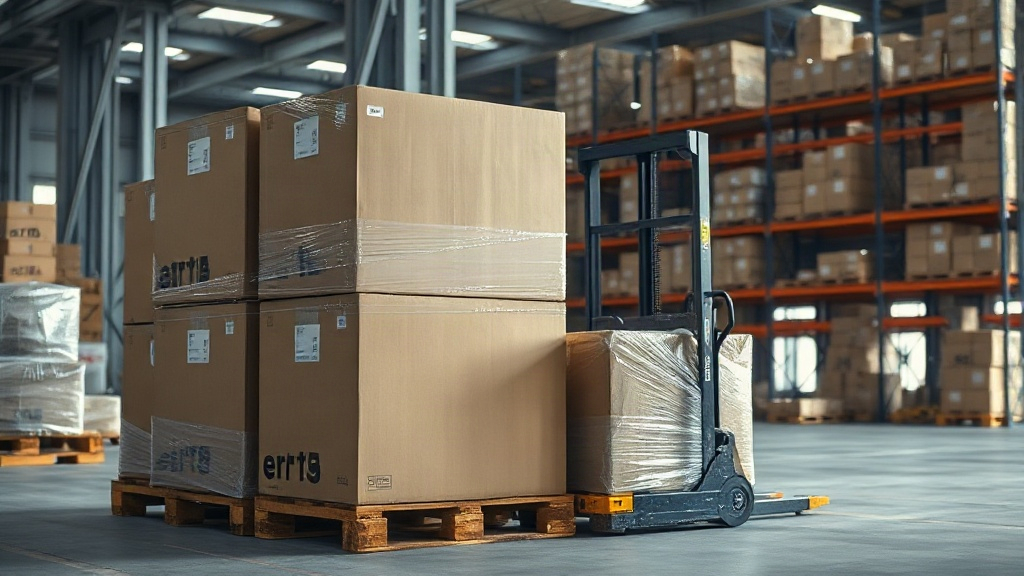 warehouse interior with stacked cardboard shipping cartons wrapped in stretch film on wooden pallets, a pallet jack near