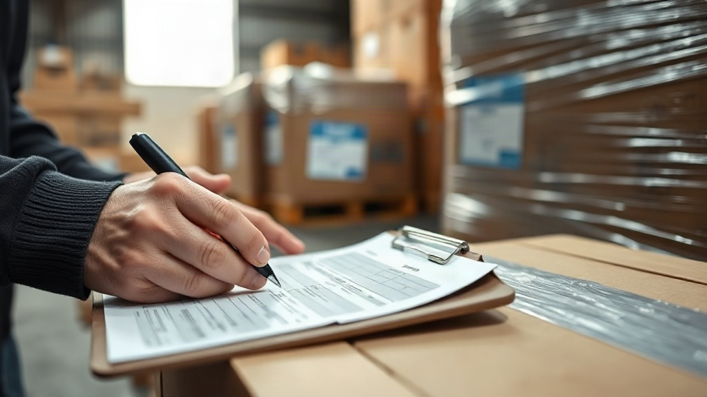 close-up of a hand signing customs shipping documents on a clipboard next to sealed export cartons and a pallet wrapped 