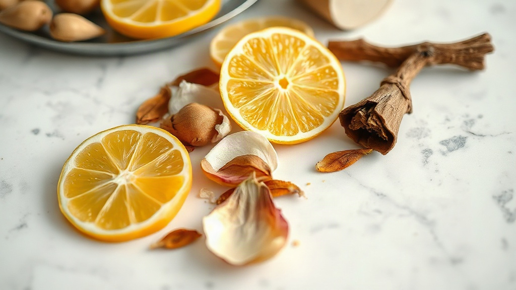 close-up of raw perfume ingredients arranged on a white marble surface, bergamot slices, jasmine petals, dried patchouli