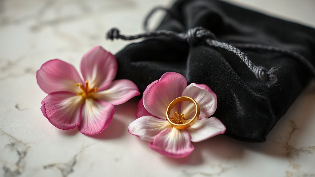 folded dark velvet drawstring pouch, a delicate gold ring resting beside fresh jasmine and peony petals on a polished ma