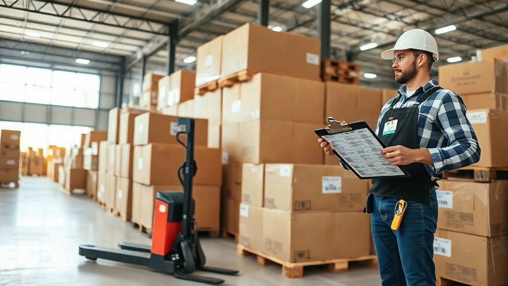 modern logistics warehouse interior with stacked cardboard shipping cartons on wooden pallets, a pallet jack nearby, a w