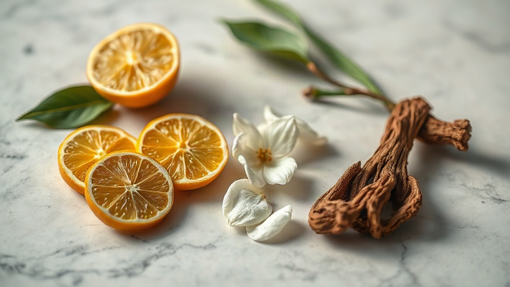 raw perfume ingredients arranged on a polished marble surface, bergamot slices, jasmine blossoms and a piece of oud wood