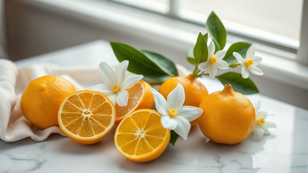 Fresh bergamot citrus fruits and jasmine flowers arranged on a light marble surface with a linen cloth, soft natural win