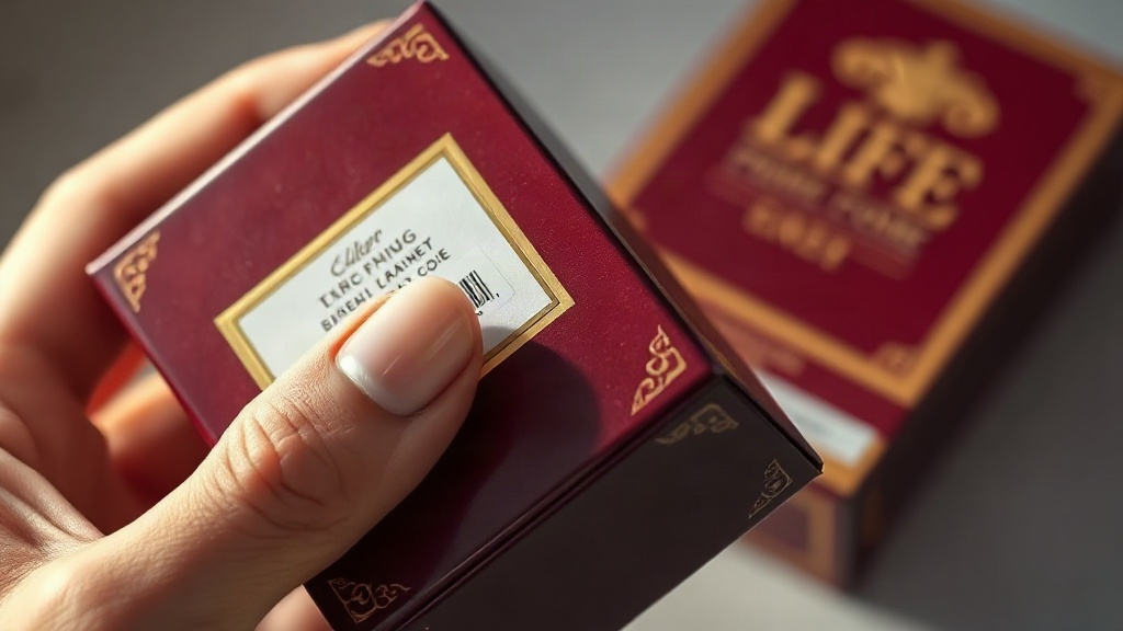 close-up of a hand inspecting an elegant burgundy perfume packaging box with gold foil detailing, checking a printed bat