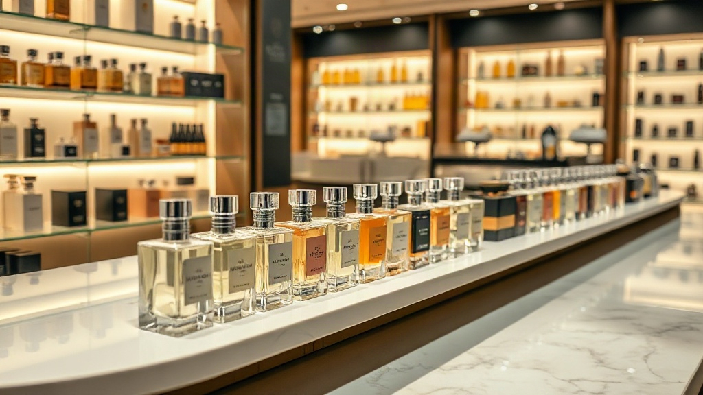 elegant retail display shelf in a perfumery showroom with rows of perfume bottles of varying sizes neatly arranged, warm