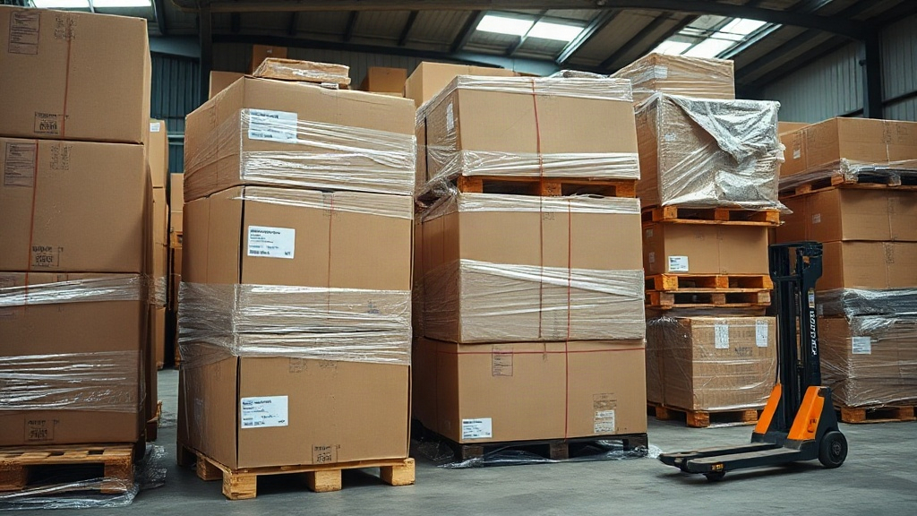 warehouse interior with stacked cardboard shipping cartons and plastic-wrapped wooden pallets, pallet jack nearby, organ