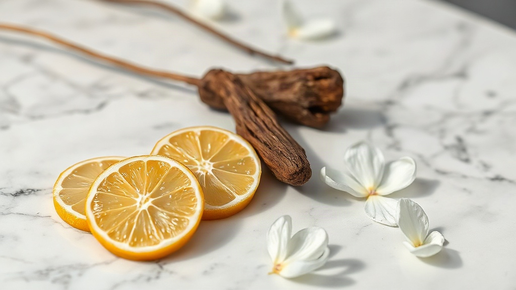 raw perfume ingredients arranged on a marble surface, fresh bergamot slices, jasmine blossoms, and a small piece of oud 