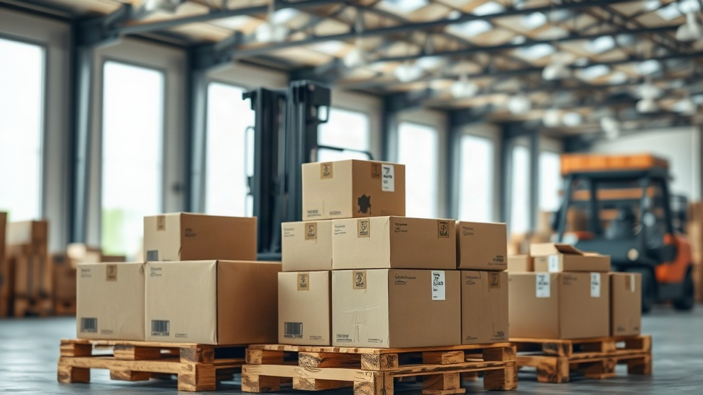 warehouse interior with stacked cardboard shipping cartons on wooden pallets, forklift in soft focus background, industr