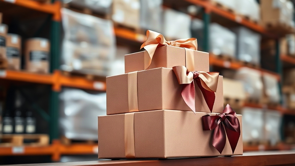 stacked luxury perfume gift boxes with satin ribbons on a warehouse shelf, elegant packaging details, soft studio lighti
