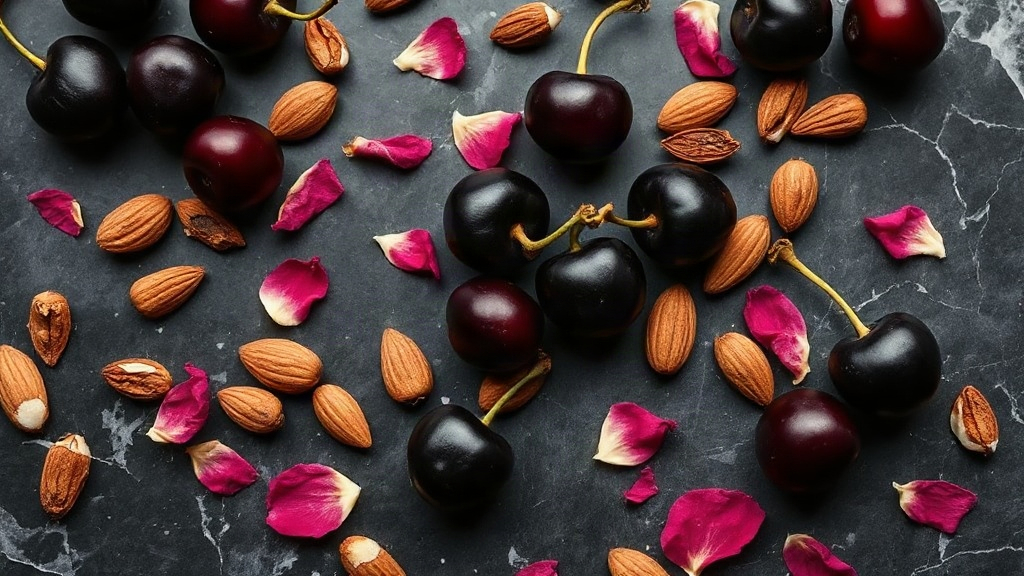 overhead flat lay of fresh black cherries, bitter almonds, dried tonka beans and rose petals scattered on a dark marble 