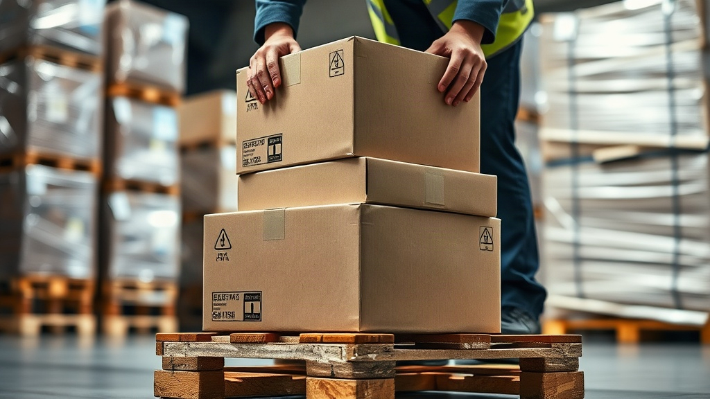 a warehouse worker's hands stacking sealed cardboard shipping boxes on a wooden pallet inside a logistics warehouse