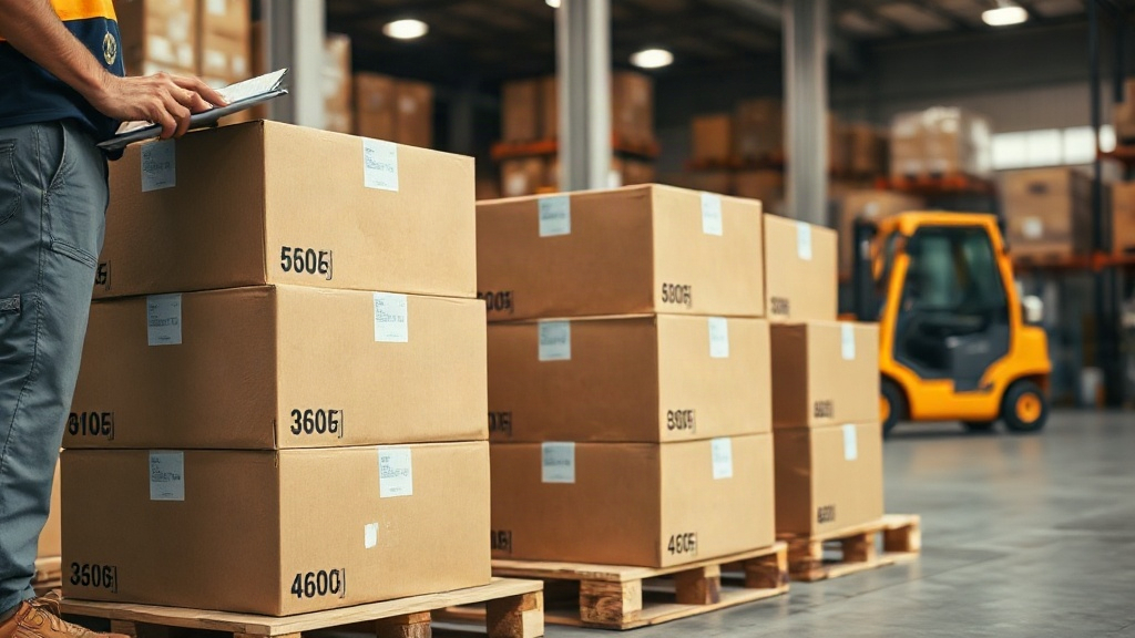 warehouse interior with wooden pallets stacked with sealed brown cardboard shipping boxes, a worker's hand checking