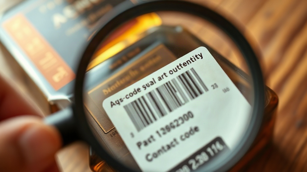 close-up of a hand holding a magnifying glass inspecting a printed authenticity seal and batch code on a product packagi