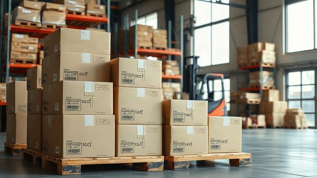 A modern warehouse interior with stacked cardboard shipping boxes on wooden pallets, industrial shelving in the backgrou
