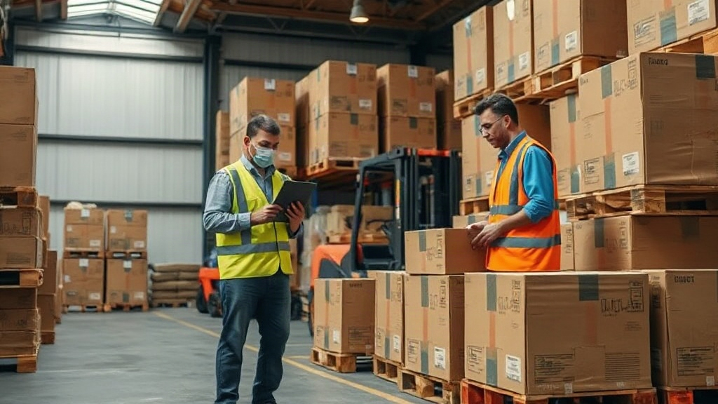 a warehouse interior with wooden pallets stacked with sealed cardboard shipping cartons, a forklift in the background, t