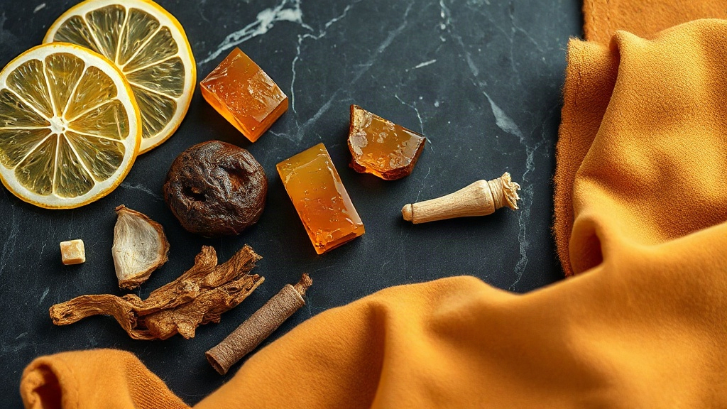 a composition of raw perfume ingredients on a dark marble surface, bergamot slices, amber resin chunks, suede leather sw
