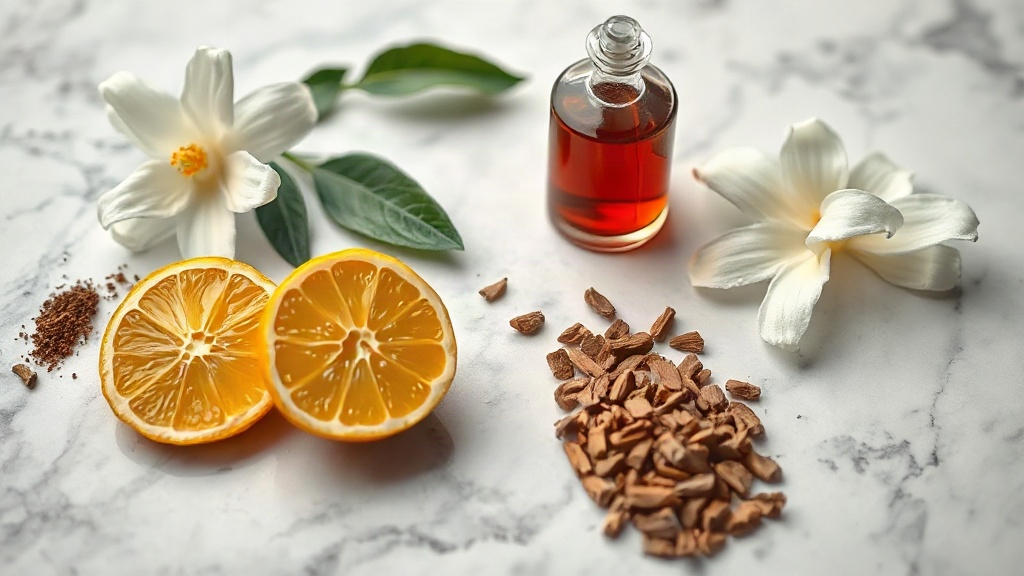 Raw perfumery ingredients arranged on a marble surface, fresh bergamot citrus fruit sliced open, jasmine flowers, a smal