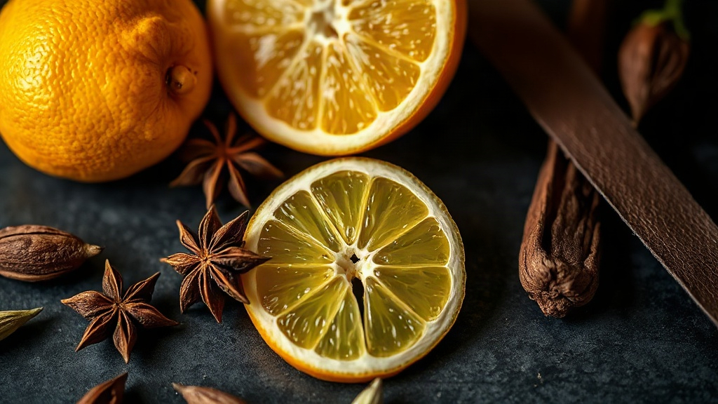 close-up still life of fresh bergamot citrus fruits, star anise pods, a piece of raw guaiac wood, and a strip of dark le