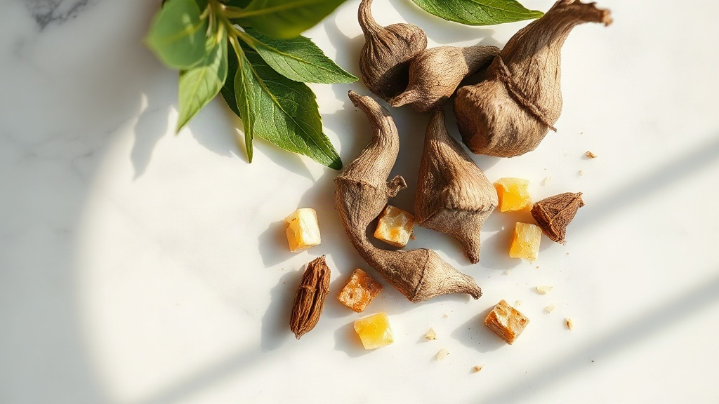 Overhead studio photo of raw perfumery ingredients arranged on a polished marble surface — green galbanum leaves, dried