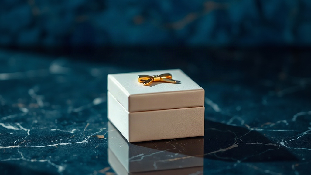 elegant closed perfume gift box on a polished dark marble surface with soft blue and gold accent lighting, luxury retail