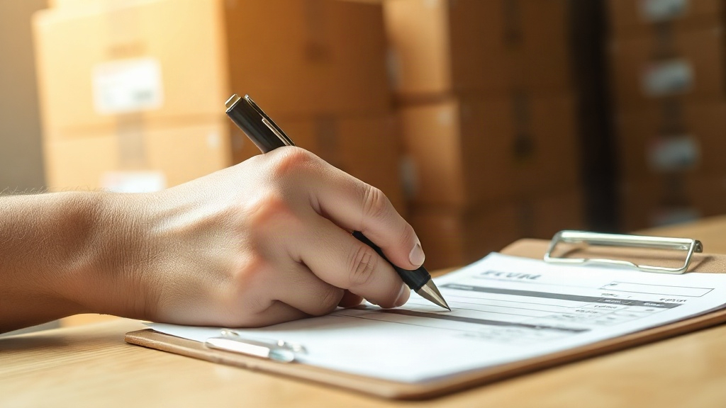 close-up photo of a hand holding a pen signing a wholesale purchase order on a clipboard, stacked cardboard shipping car