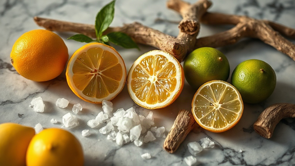 fresh bergamot, lemon and lime citrus fruits with sea salt crystals and pieces of driftwood arranged on a wet marble sur