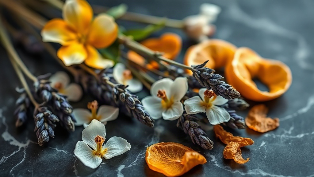 lavender sprigs, orange blossom flowers, and dried mandarin peel arranged on a dark marble surface in soft natural light