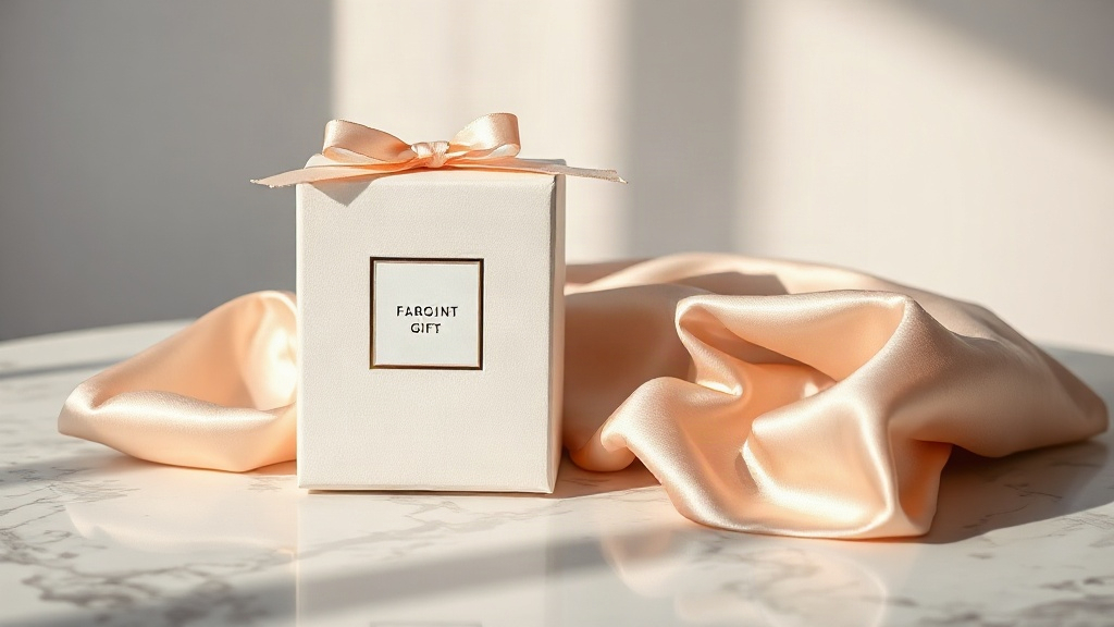 professional studio product photography of an elegant perfume gift box and folded silk fabric on a marble surface, soft 