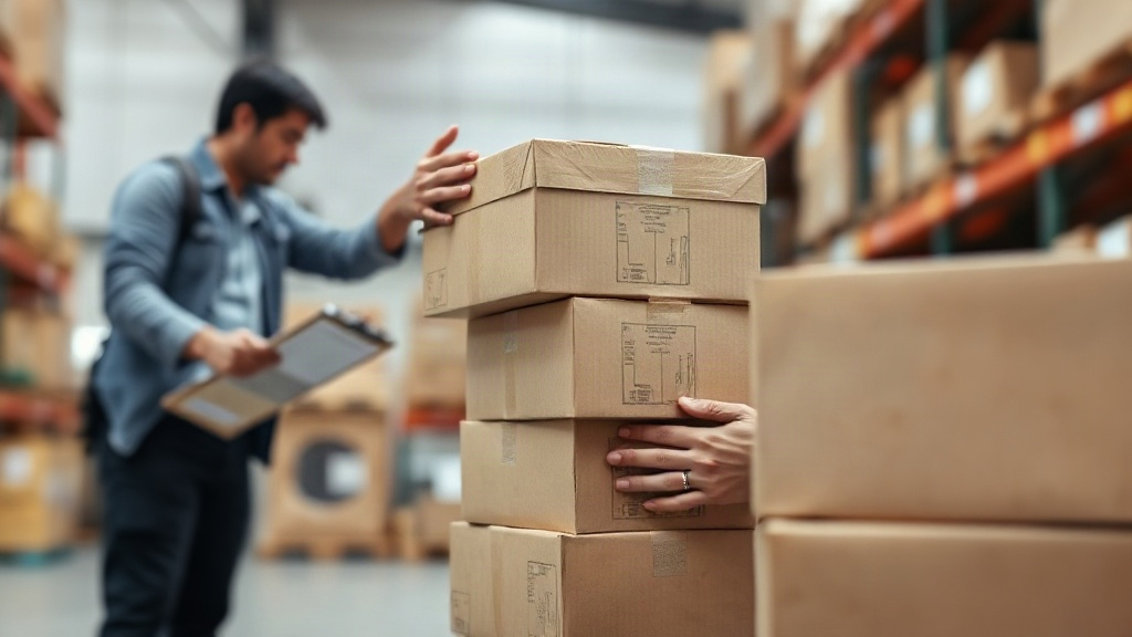 a pair of hands in a warehouse inspecting a stack of sealed product cartons with a clipboard and checklist nearby, neutr