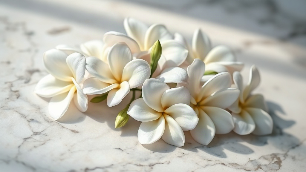 a cluster of fresh jasmine and gardenia blossoms arranged on a polished marble surface, soft natural daylight, elegant m