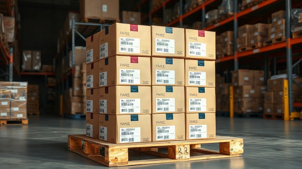 sealed perfume shipping cartons stacked on a wooden pallet in a wholesale warehouse, visible batch code labels on the bo