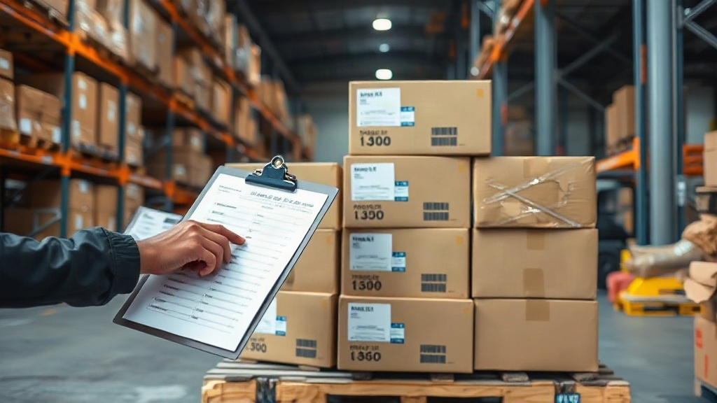 warehouse worker's hand checking a shipment on a wooden pallet stacked with sealed branded cardboard cartons, clipb