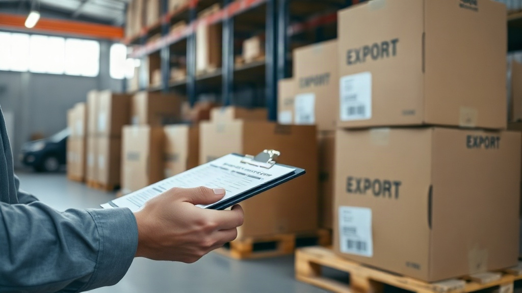 close-up of a business person's hand and wrist checking a shipping manifest on a clipboard next to stacked export c
